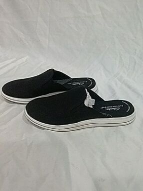 Clarks Black Slip-On Sandal with Brown Sole